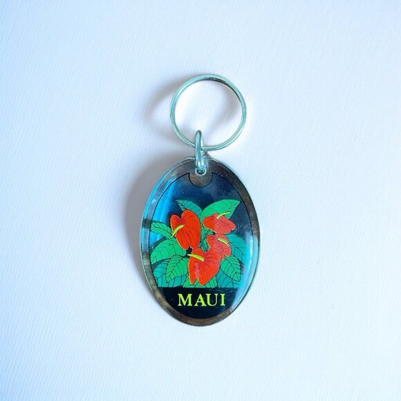 Maui Hawaiian Islands Souvenir Keychain Double Sided Red Anthurium Acrylic New - Picture 1 of 3